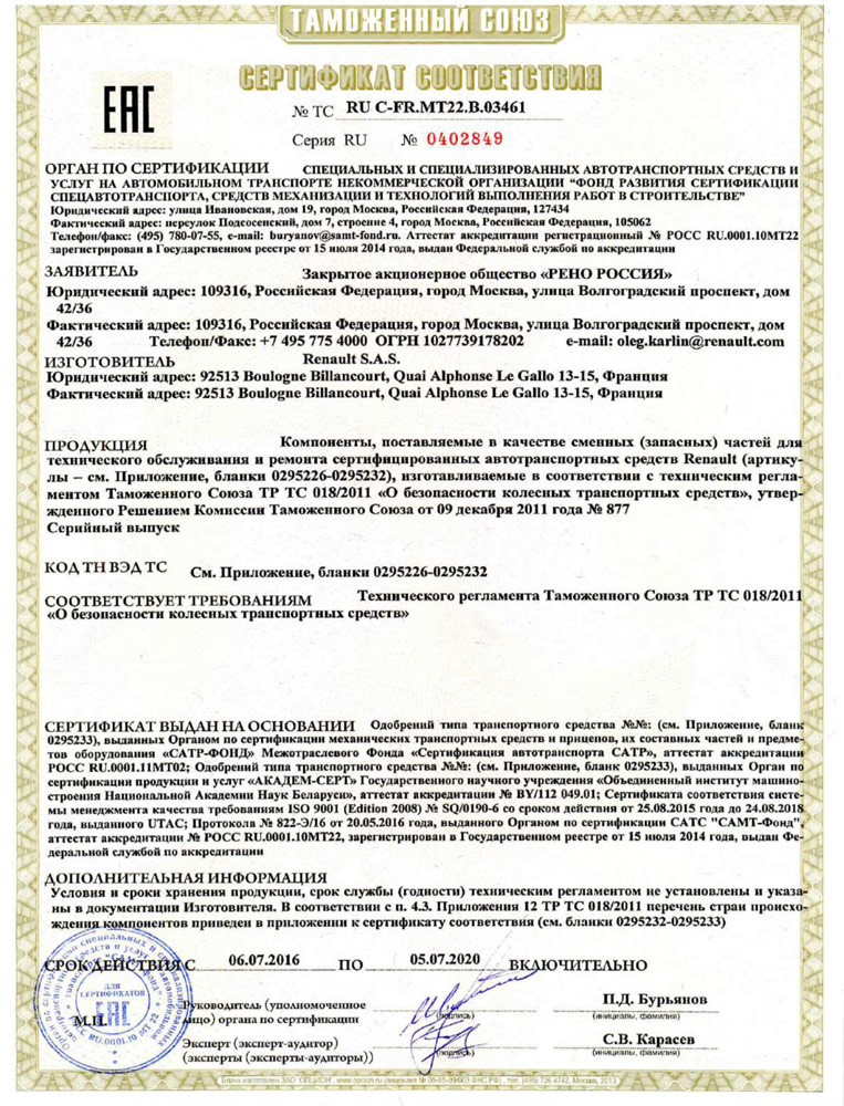 Сертификация ТР ТС запасных частей транспортных средств